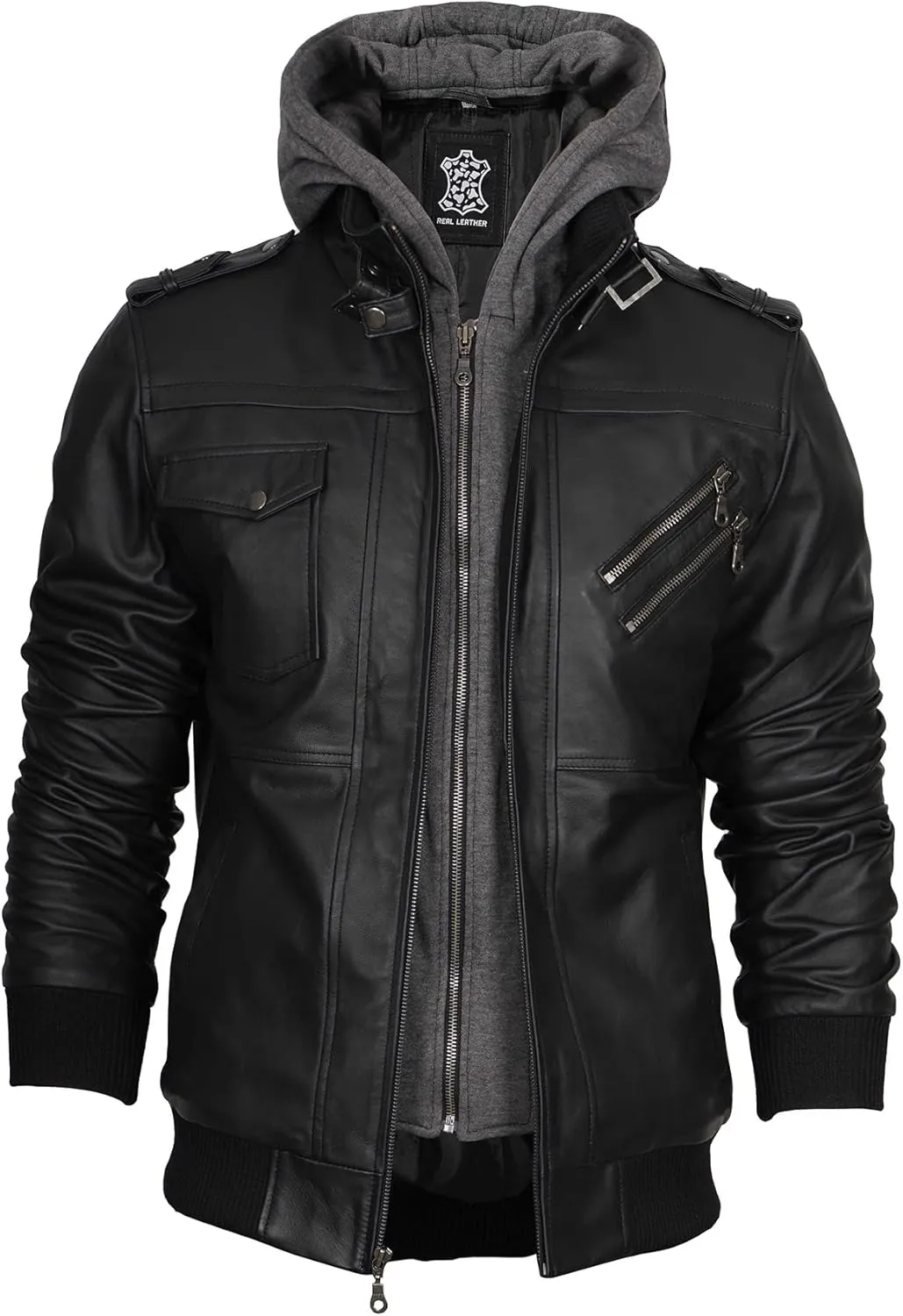 fjackets Real Leather Bomber Jacket - Motorcycle Casual Stand Collar Jackets with Removable Hood