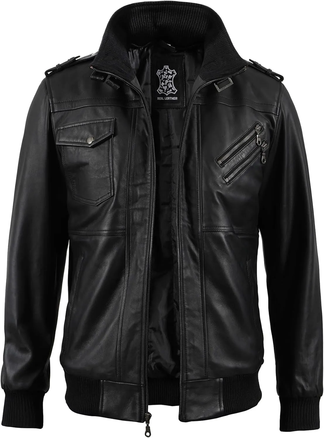 fjackets Real Leather Bomber Jacket - Motorcycle Casual Stand Collar Jackets with Removable Hood