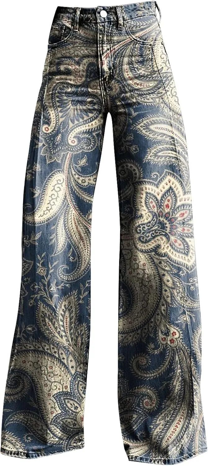 Flare Jeans for Women Flower Print Cute Trendy Wide Leg Baggy Pants High Waisted Flared Denim Trouser Vintage Jeans