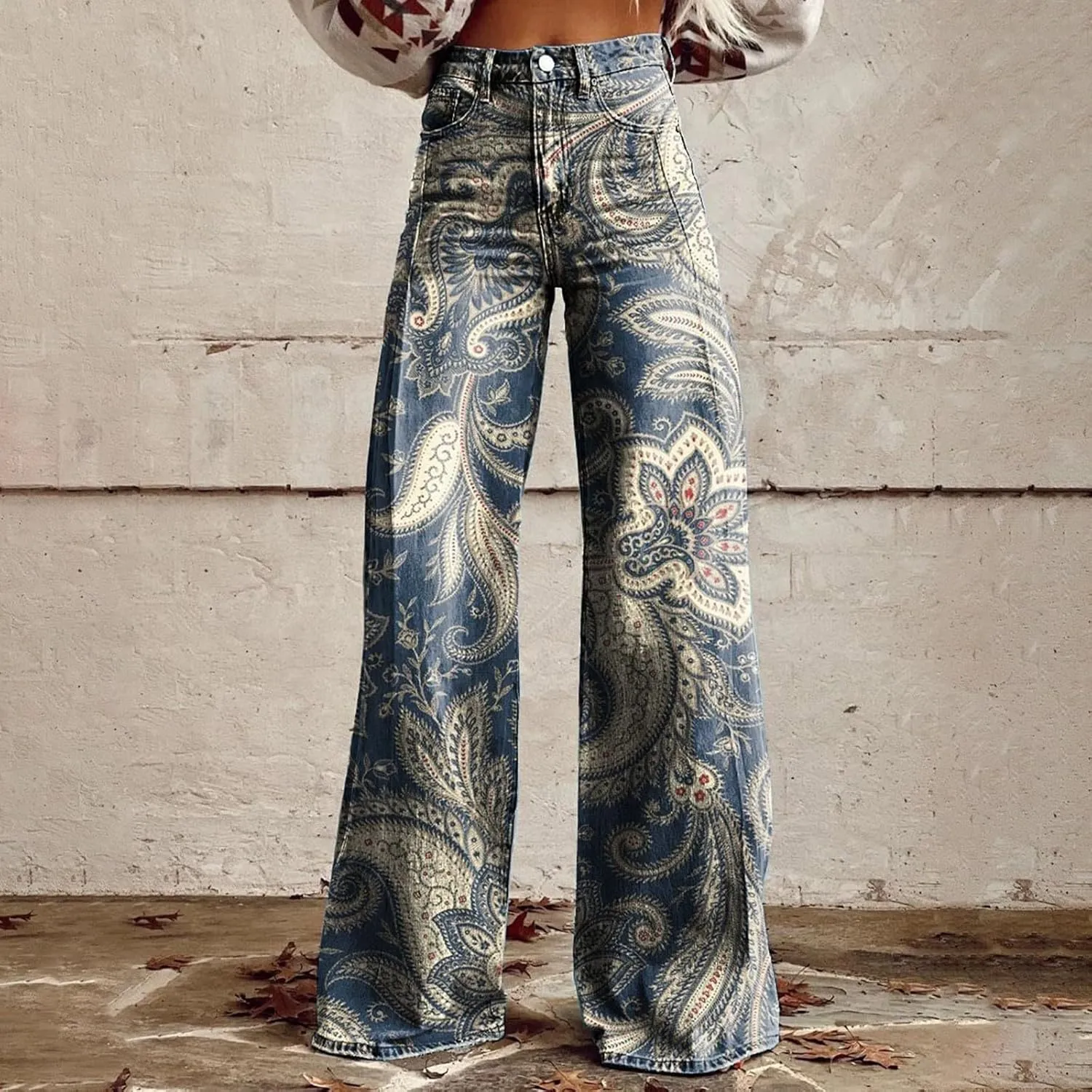 Flare Jeans for Women Flower Print Cute Trendy Wide Leg Baggy Pants High Waisted Flared Denim Trouser Vintage Jeans