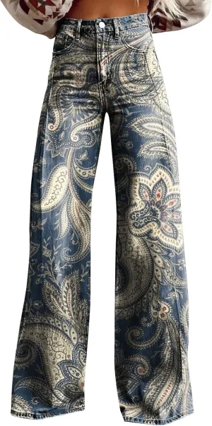 Flare Jeans for Women Flower Print Cute Trendy Wide Leg Baggy Pants High Waisted Flared Denim Trouser Vintage Jeans