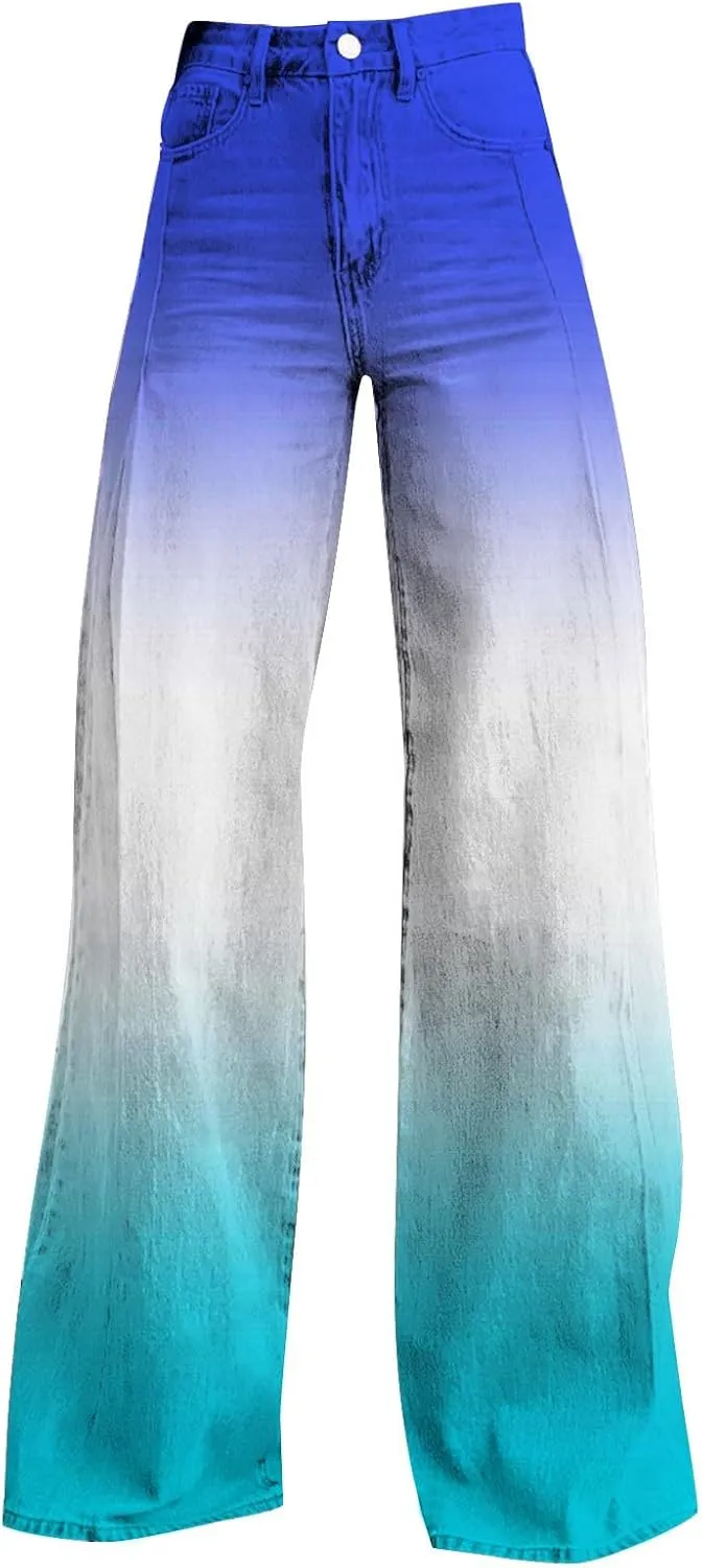 Flare Jeans for Women Wide Leg Jeans Woman Vintage Floral Print High Waisted Straight Stretch Pants with Pockets