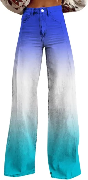 Flare Jeans for Women Wide Leg Jeans Woman Vintage Floral Print High Waisted Straight Stretch Pants with Pockets