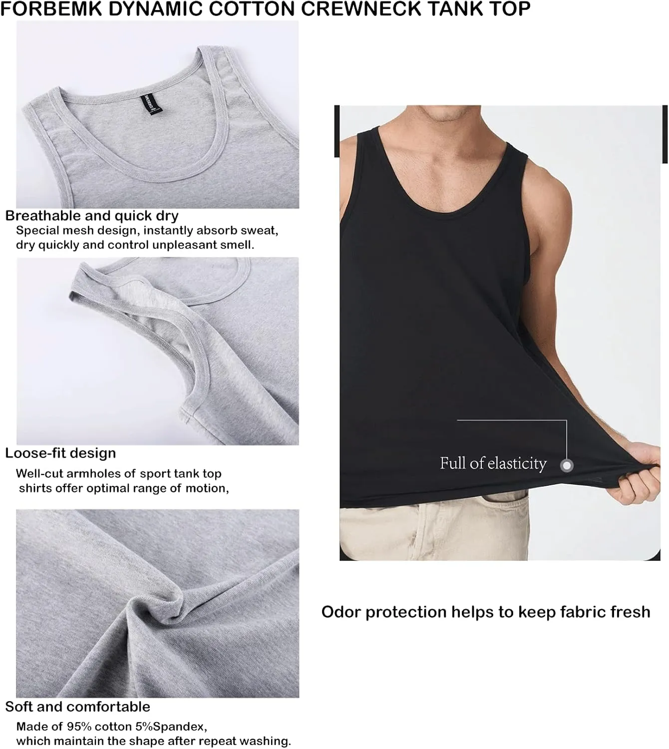 FORBEMK Men's Undershirts Crew Neck Cotton ComfortSoft Sleeveless Ribbed Tank Top Undershirts 3 Pack