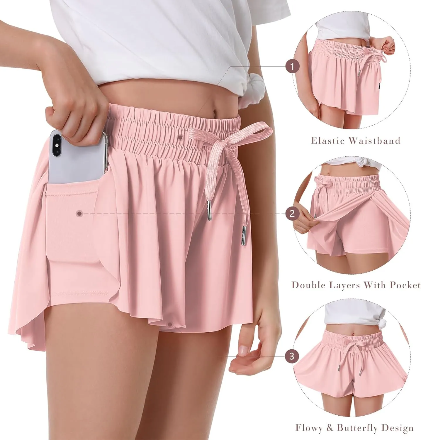 Girls Flowy Shorts Butterfly Shorts for Kids with Pocket 2-in-1 Athletic Shorts Running Shorts for Girls