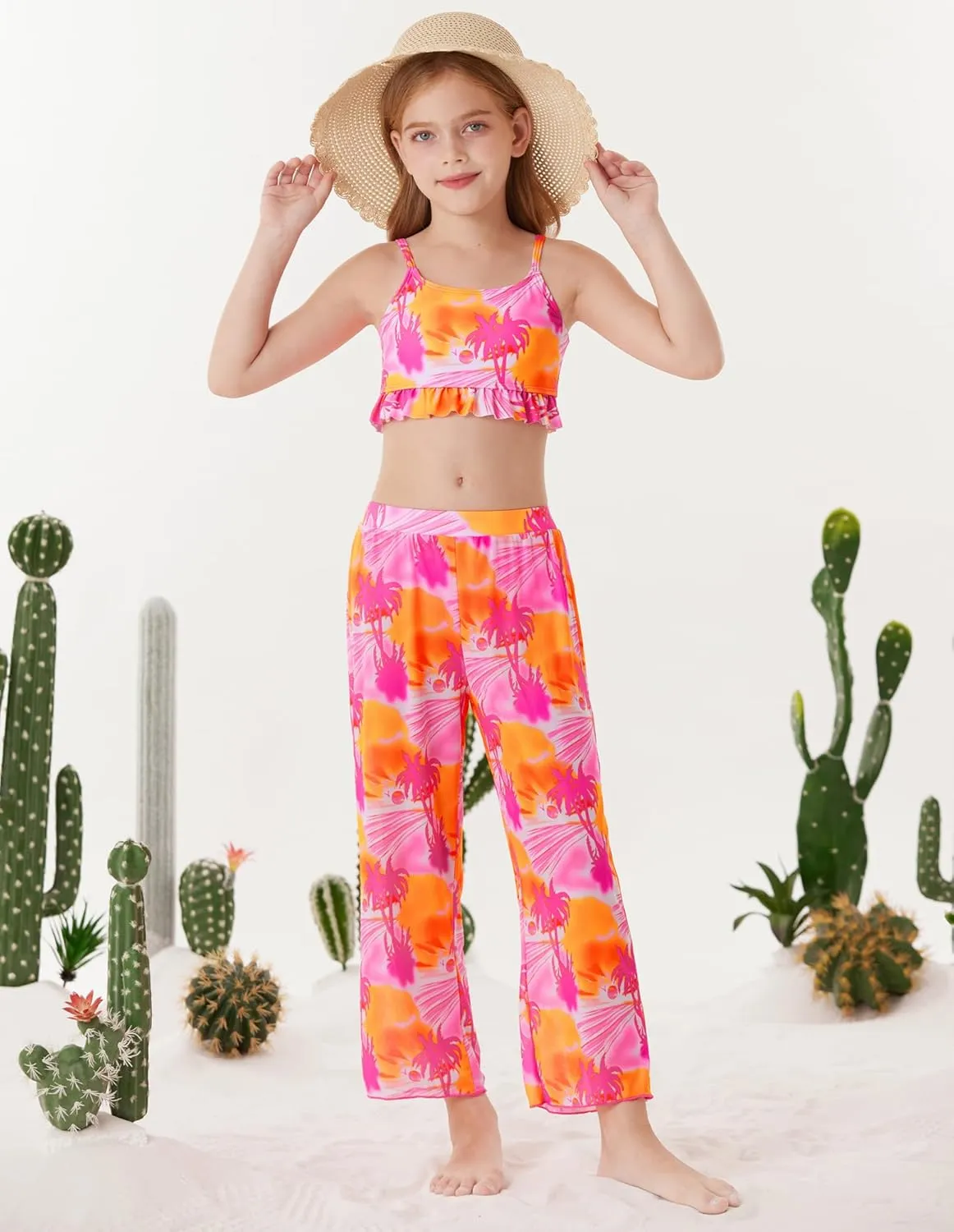 GRACE KARIN Girls Bikini Swimsuits 3 Piece Set Bathing Suit with Cover Up Pants Quick Dry Swimwear 5-12Y