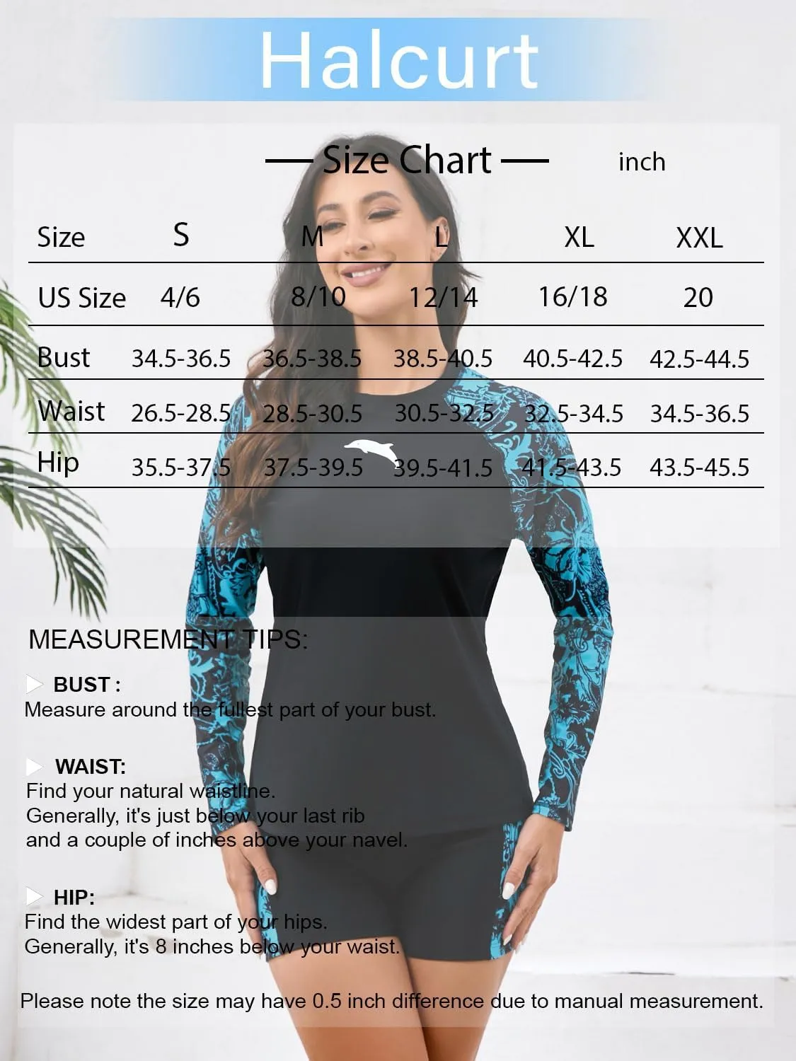 Halcurt Women's Built in Bra Rash Guard Long Sleeve Swimwear UPF 50 Two Piece Swim Shorts and Tops