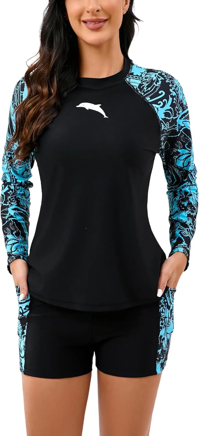 Halcurt Women's Built in Bra Rash Guard Long Sleeve Swimwear UPF 50 Two Piece Swim Shorts and Tops