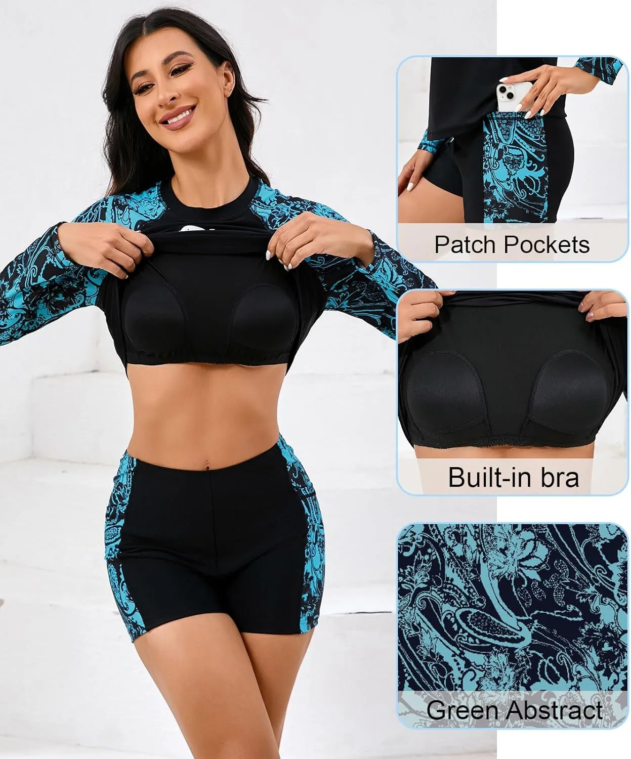 Halcurt Women's Built in Bra Rash Guard Long Sleeve Swimwear UPF 50 Two Piece Swim Shorts and Tops