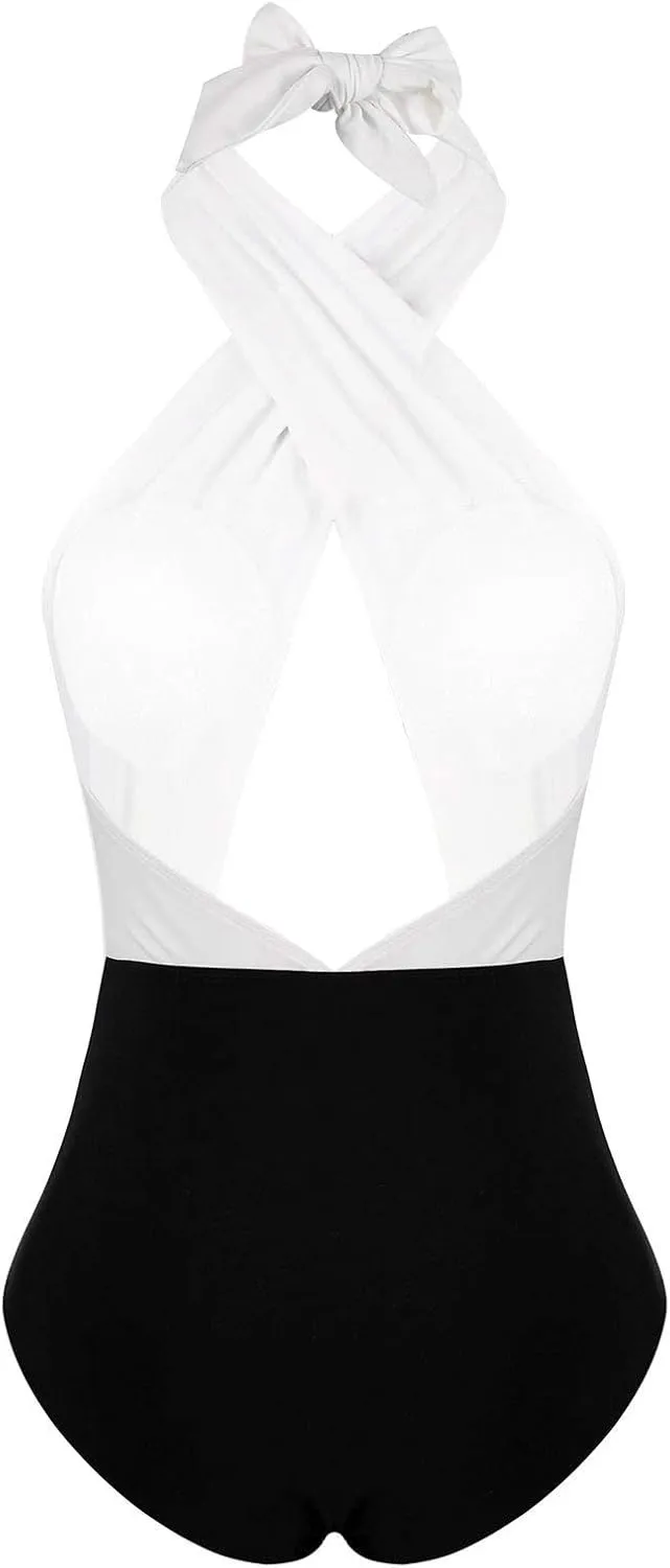 Hansber Women Halter Neck One Piece Bikini Beachwear Backless Tummy Control Briefs Swimsuit
