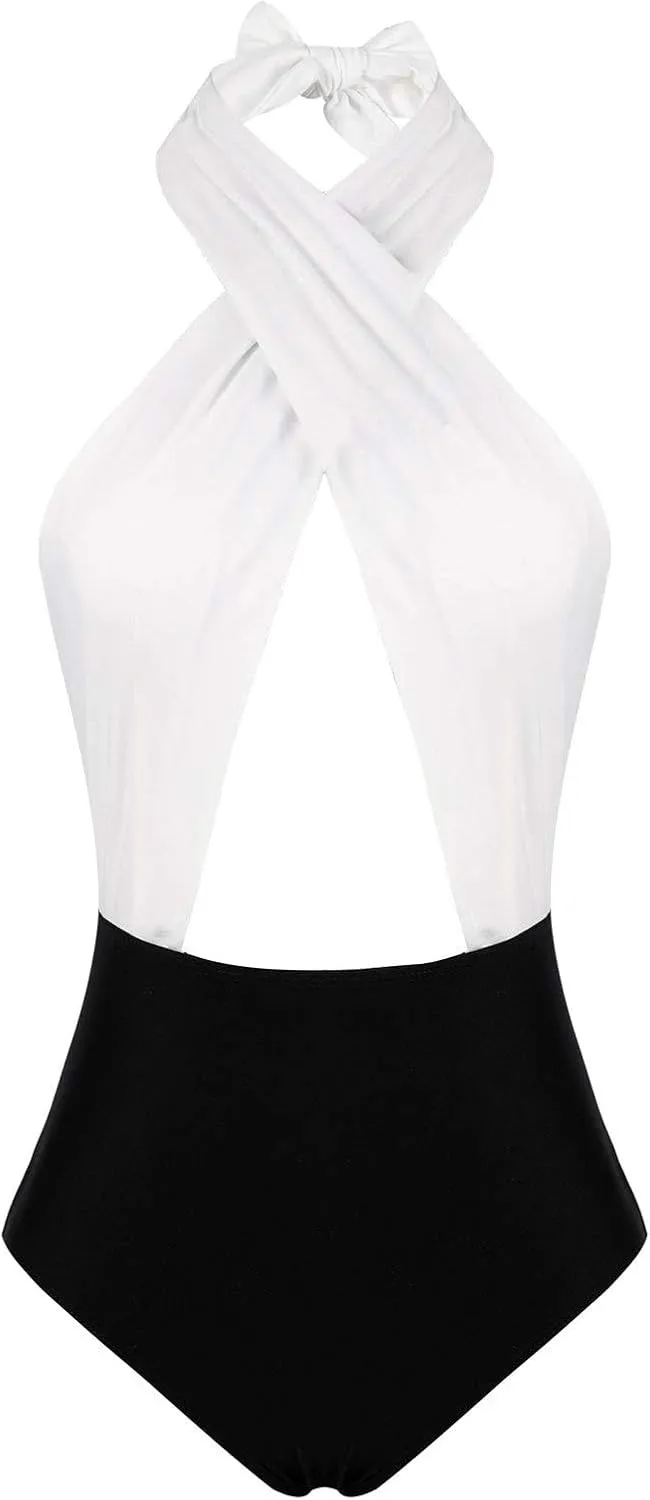 Hansber Women Halter Neck One Piece Bikini Beachwear Backless Tummy Control Briefs Swimsuit