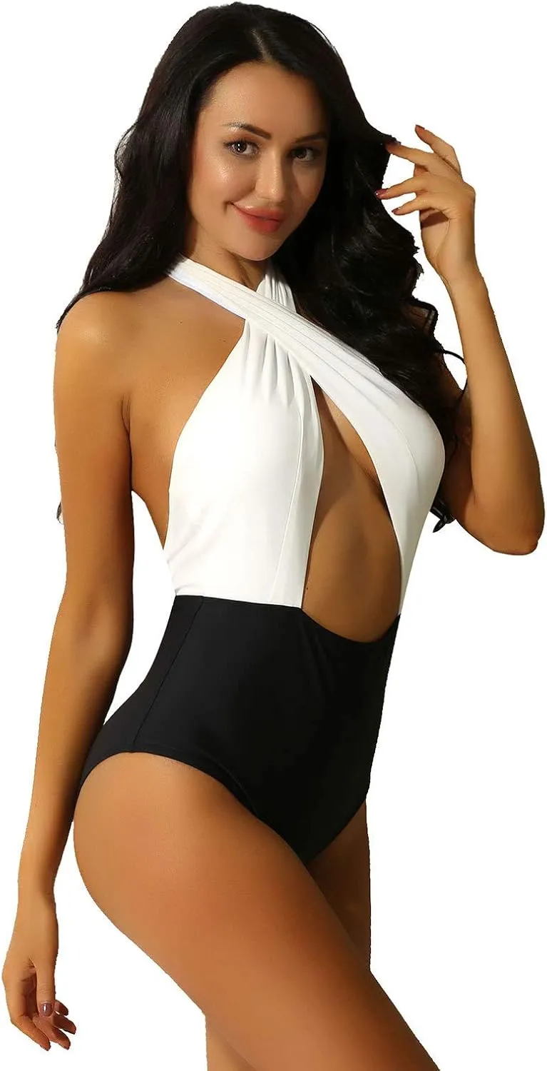 Hansber Women Halter Neck One Piece Bikini Beachwear Backless Tummy Control Briefs Swimsuit