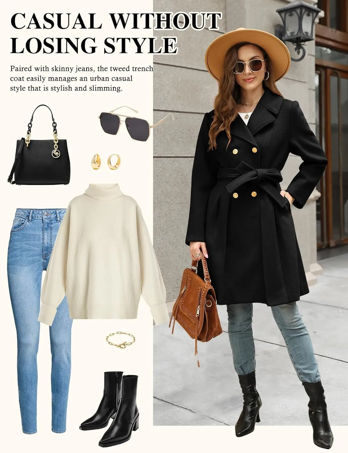 HEEKPEK Women’s Wool Blend Trench Coat Slim Double Breasted Notch Lapel Pea Coat Thick A Line Jacket with Pockets(S-XXL)