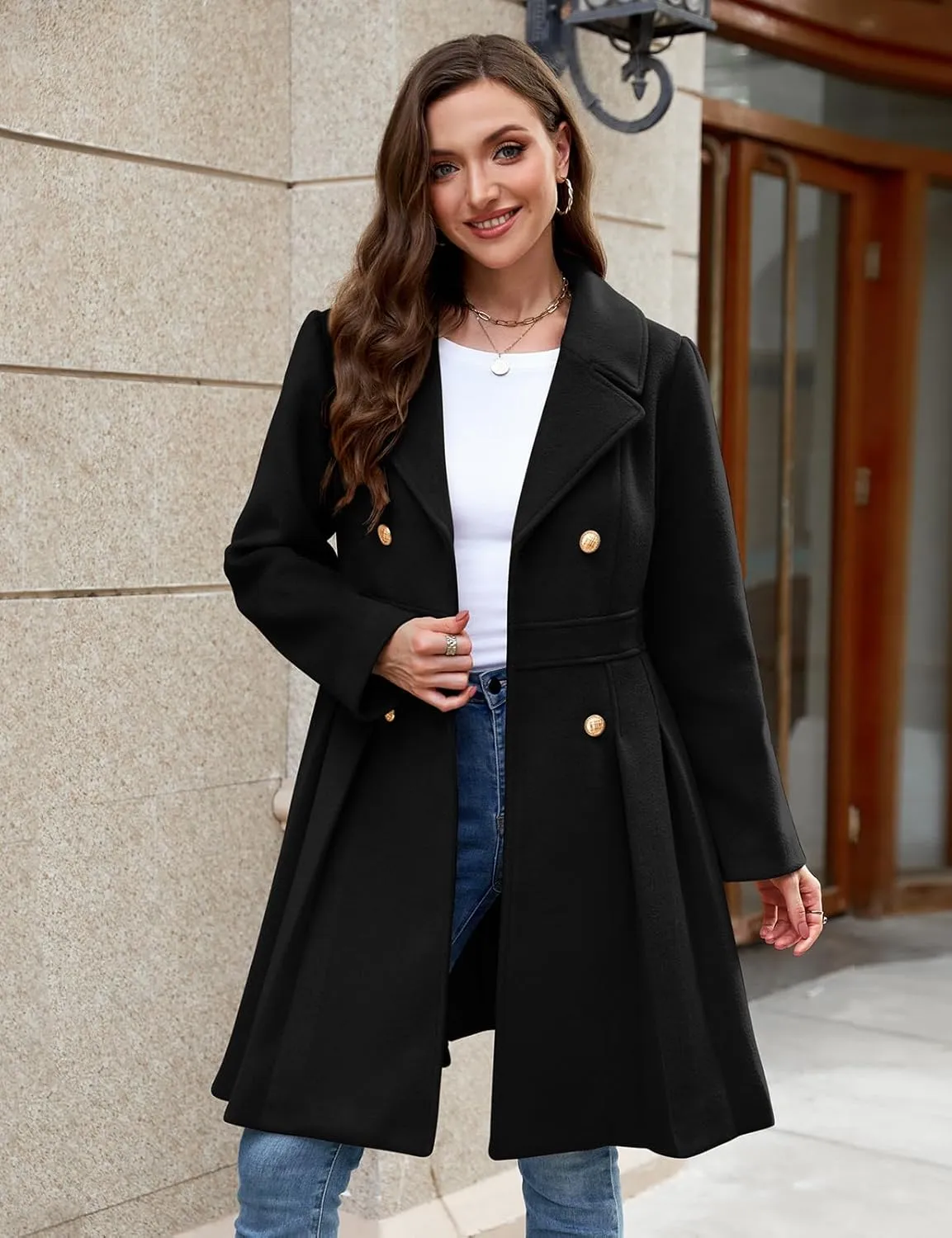 HEEKPEK Women’s Wool Blend Trench Coat Slim Double Breasted Notch Lapel Pea Coat Thick A Line Jacket with Pockets(S-XXL)