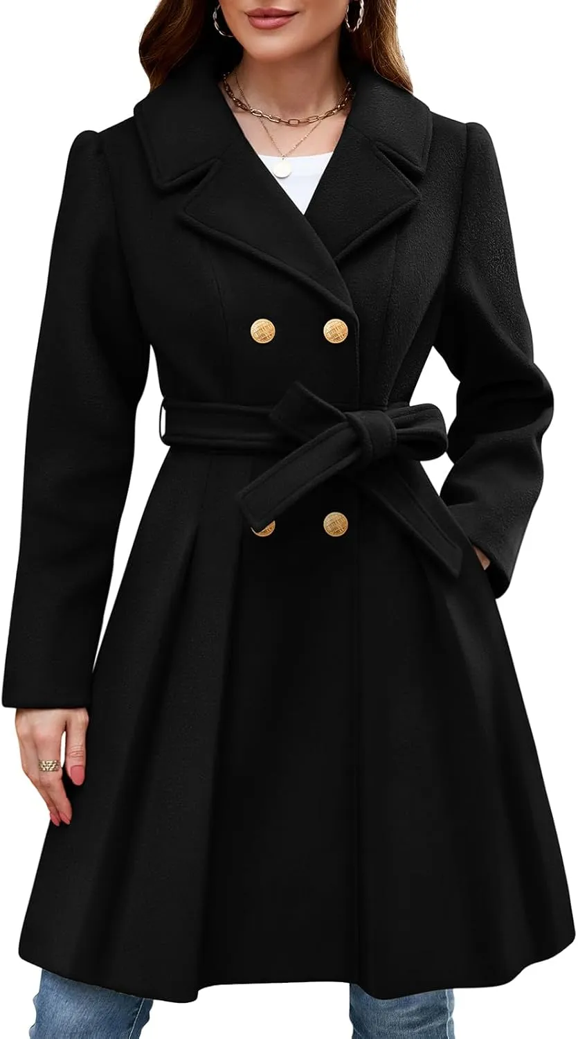 HEEKPEK Women’s Wool Blend Trench Coat Slim Double Breasted Notch Lapel Pea Coat Thick A Line Jacket with Pockets(S-XXL)