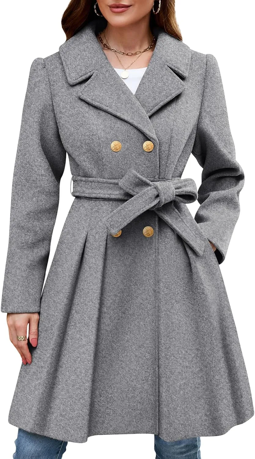 HEEKPEK Women’s Wool Blend Trench Coat Slim Double Breasted Notch Lapel Pea Coat Thick A Line Jacket with Pockets(S-XXL)