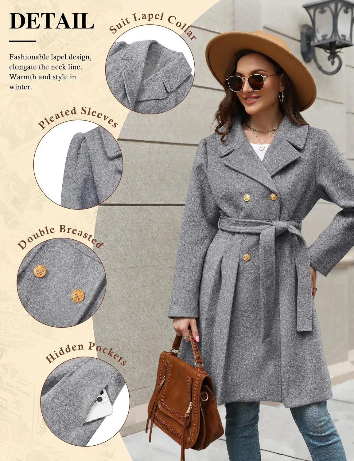 HEEKPEK Women’s Wool Blend Trench Coat Slim Double Breasted Notch Lapel Pea Coat Thick A Line Jacket with Pockets(S-XXL)