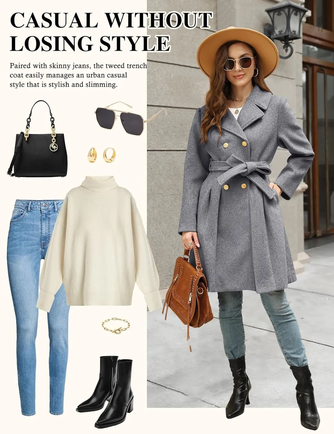 HEEKPEK Women’s Wool Blend Trench Coat Slim Double Breasted Notch Lapel Pea Coat Thick A Line Jacket with Pockets(S-XXL)