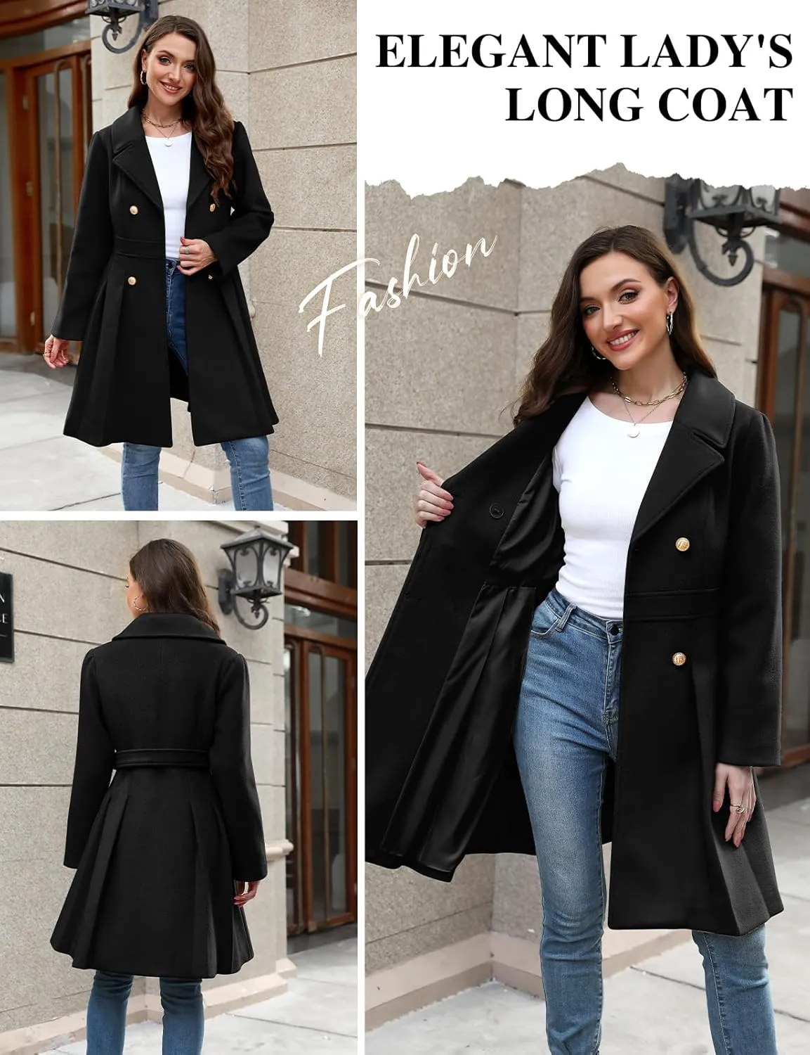 HEEKPEK Women’s Wool Blend Trench Coat Slim Double Breasted Notch Lapel Pea Coat Thick A Line Jacket with Pockets(S-XXL)