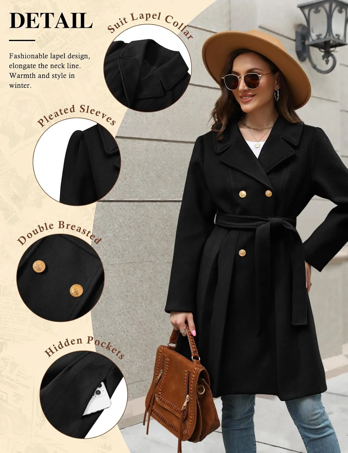 HEEKPEK Women’s Wool Blend Trench Coat Slim Double Breasted Notch Lapel Pea Coat Thick A Line Jacket with Pockets(S-XXL)