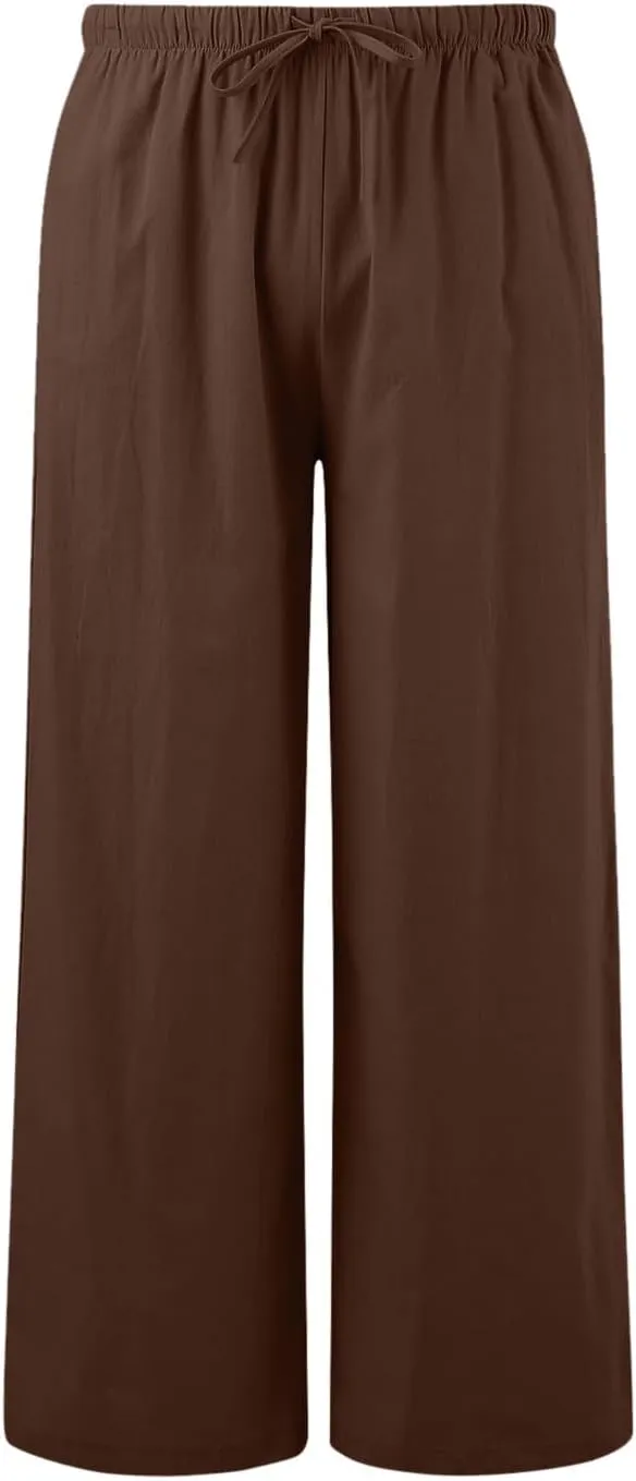 High Waisted Linen Pants for Women Casual Wide Leg Flowy Palazzo Pants Elastic Waist Lightweight Summer Beach Pant