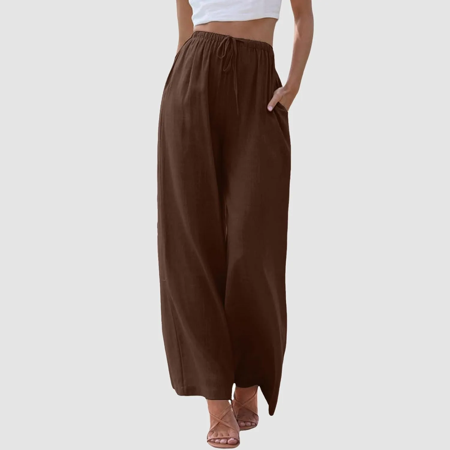 High Waisted Linen Pants for Women Casual Wide Leg Flowy Palazzo Pants Elastic Waist Lightweight Summer Beach Pant