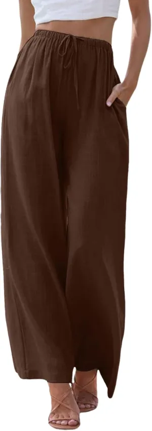 High Waisted Linen Pants for Women Casual Wide Leg Flowy Palazzo Pants Elastic Waist Lightweight Summer Beach Pant