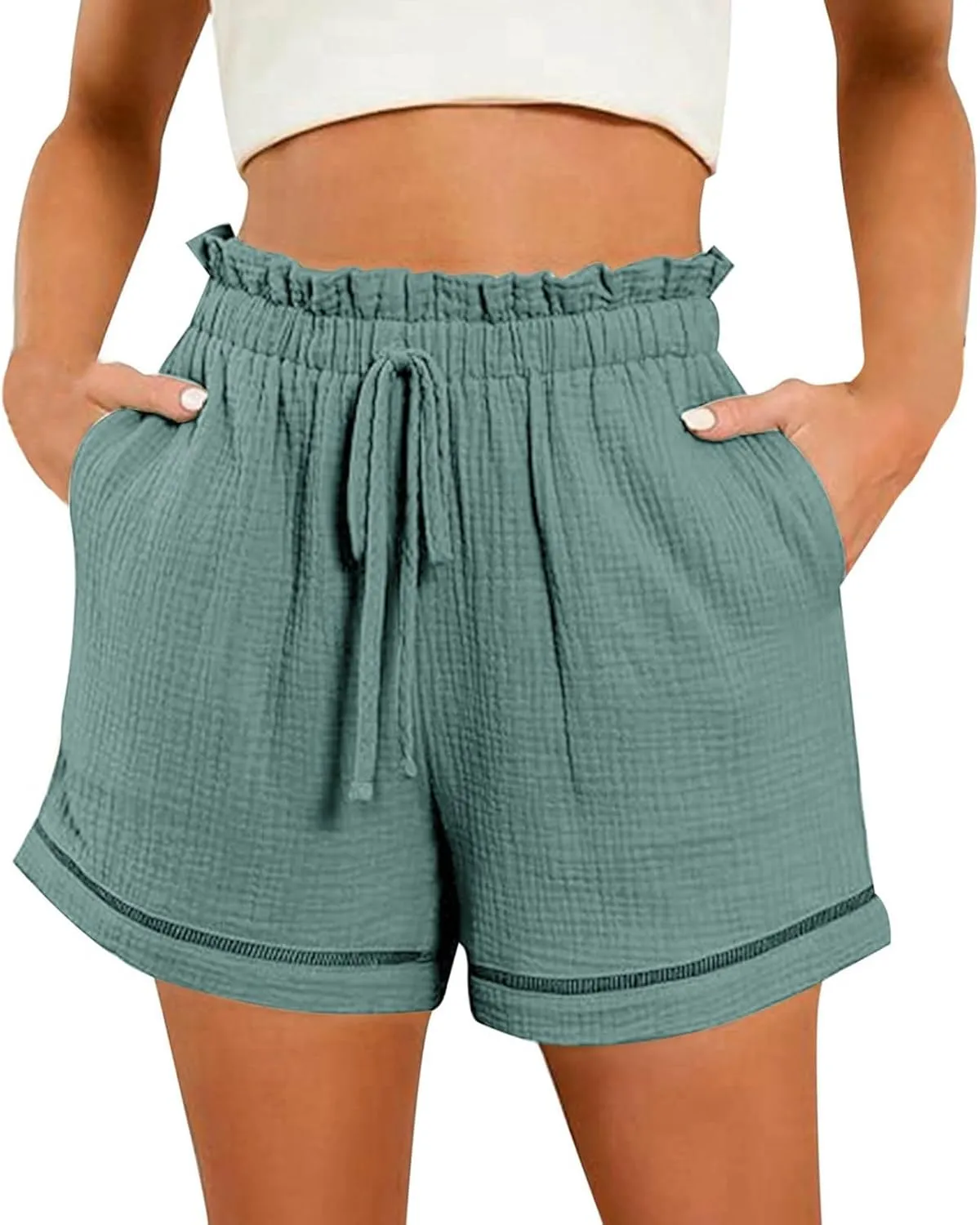 High Waisted Shorts for Women Trendy Summer Ruffle Shorts Drawstring Elastic Waist Flowy Shorts Casual Bermuda Shorts