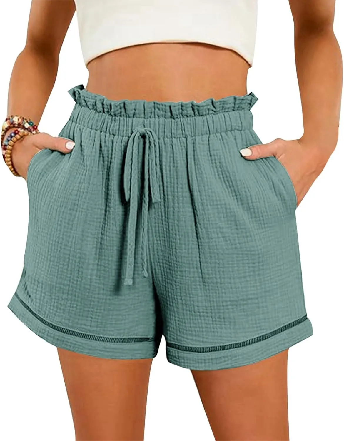 High Waisted Shorts for Women Trendy Summer Ruffle Shorts Drawstring Elastic Waist Flowy Shorts Casual Bermuda Shorts