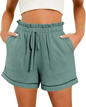 High Waisted Shorts for Women Trendy Summer Ruffle Shorts Drawstring Elastic Waist Flowy Shorts Casual Bermuda Shorts