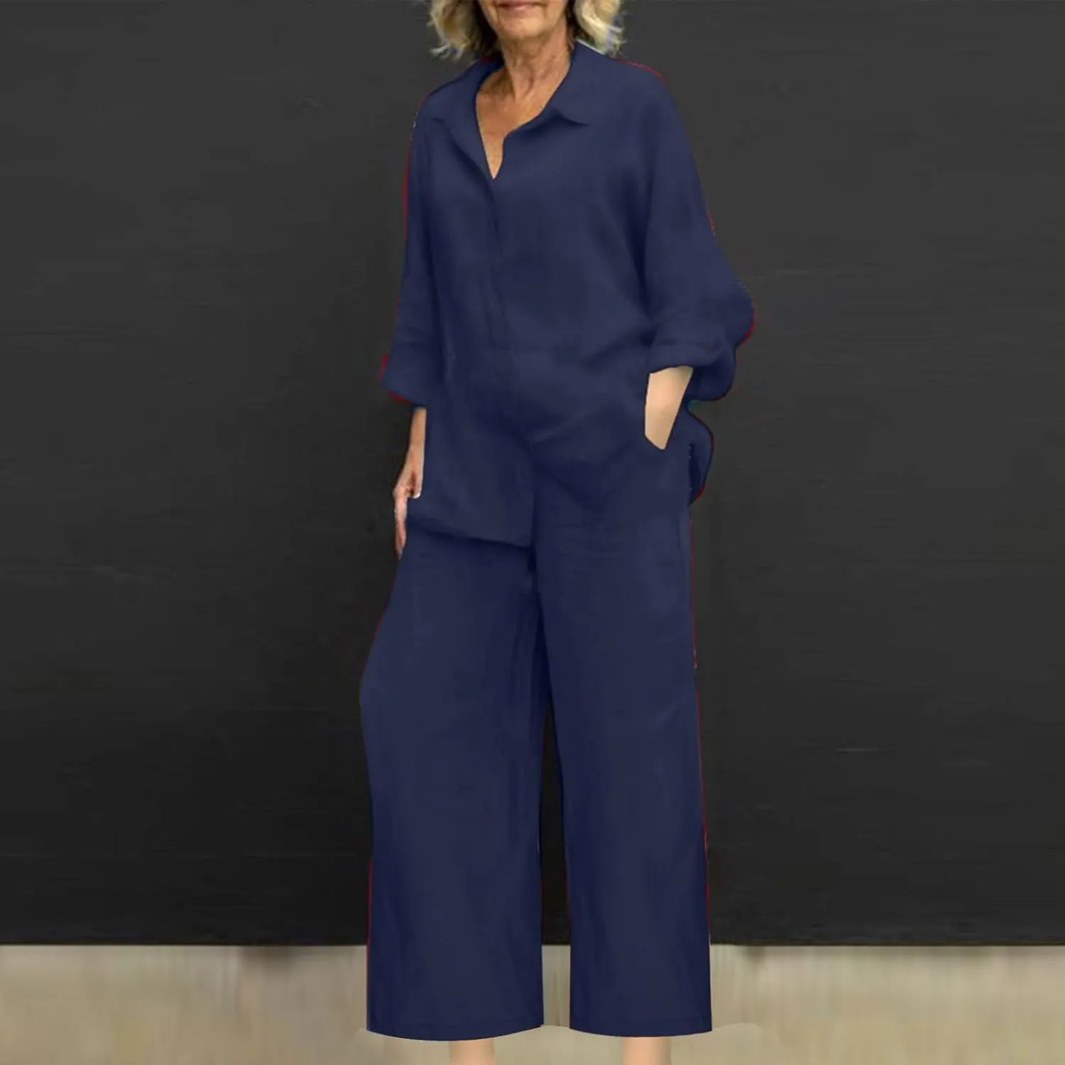 hlysgo Cotton Linen 2 Piece Outfits for Women Casual Loose Fit Long Sleeve Button Down Shirts and Pants Plus Size Set