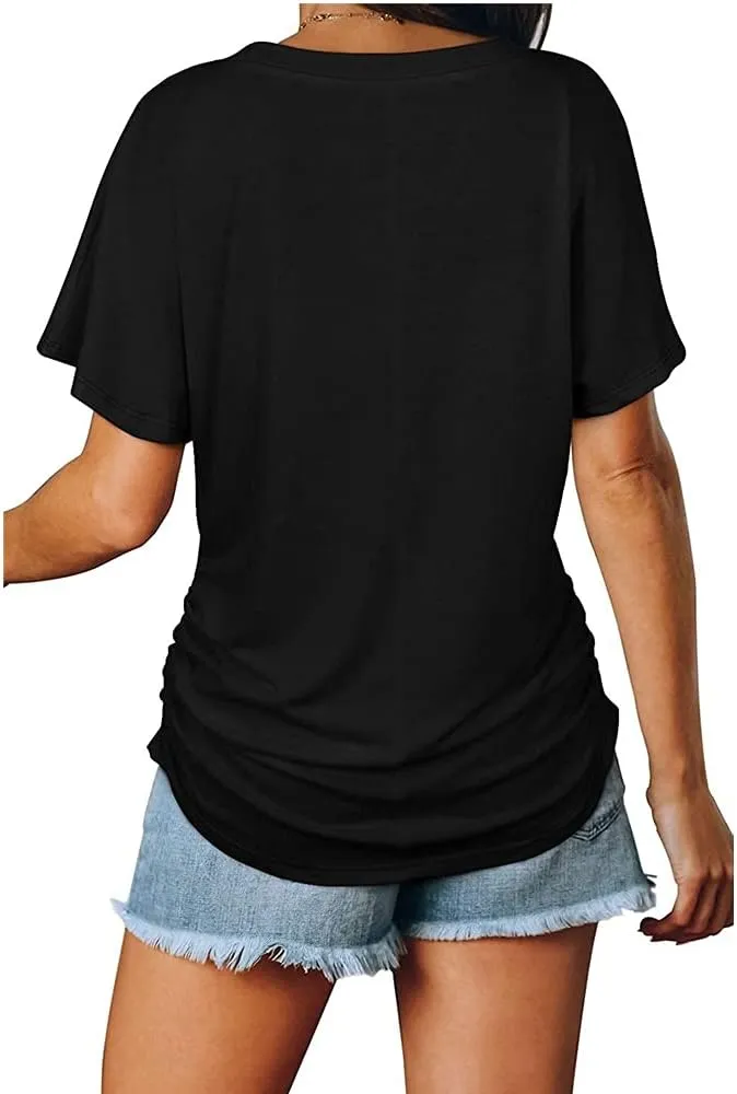 Janepam Women Summer Tops Short Sleeve Plain Solid Side Pleated Loose V-Neck Tee T-Shirt Blouse