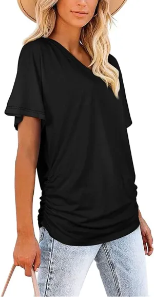 Janepam Women Summer Tops Short Sleeve Plain Solid Side Pleated Loose V-Neck Tee T-Shirt Blouse