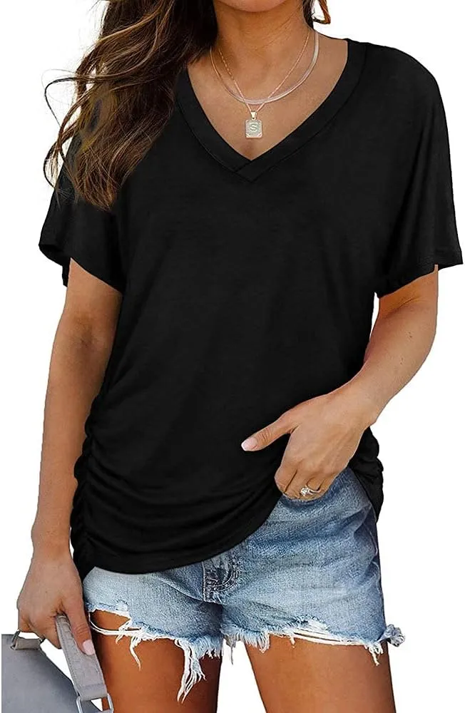 Janepam Women Summer Tops Short Sleeve Plain Solid Side Pleated Loose V-Neck Tee T-Shirt Blouse