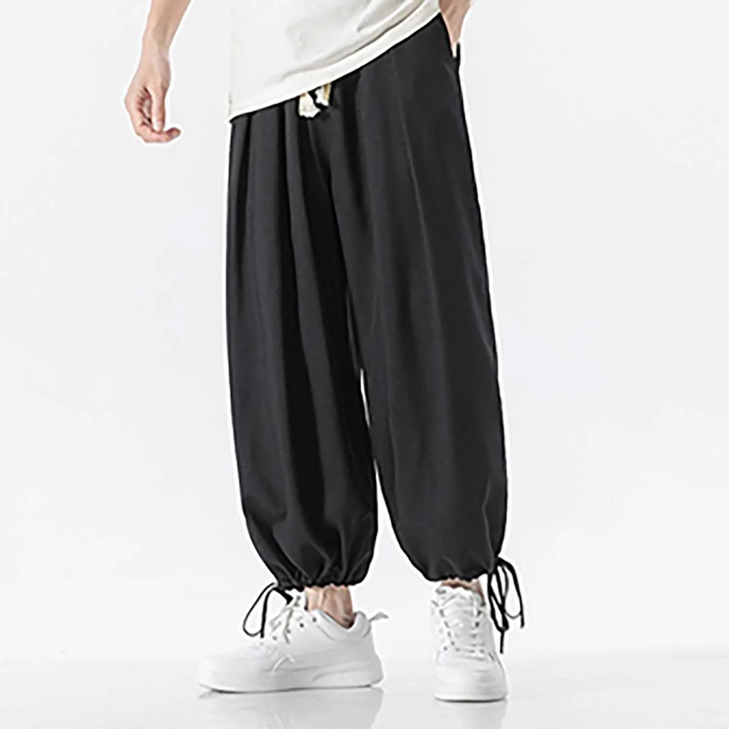 Linen Pants for Mens Casual Pants Drawstring Beach Pants Relaxed-Fit Yoga Pants Summer Elastic Waist Pants