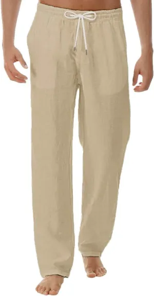 Linen Pants for Mens Casual Pants Relaxed-Fit Beach Pants Summer Yoga Pants Drawstring Elastic Waist Pants