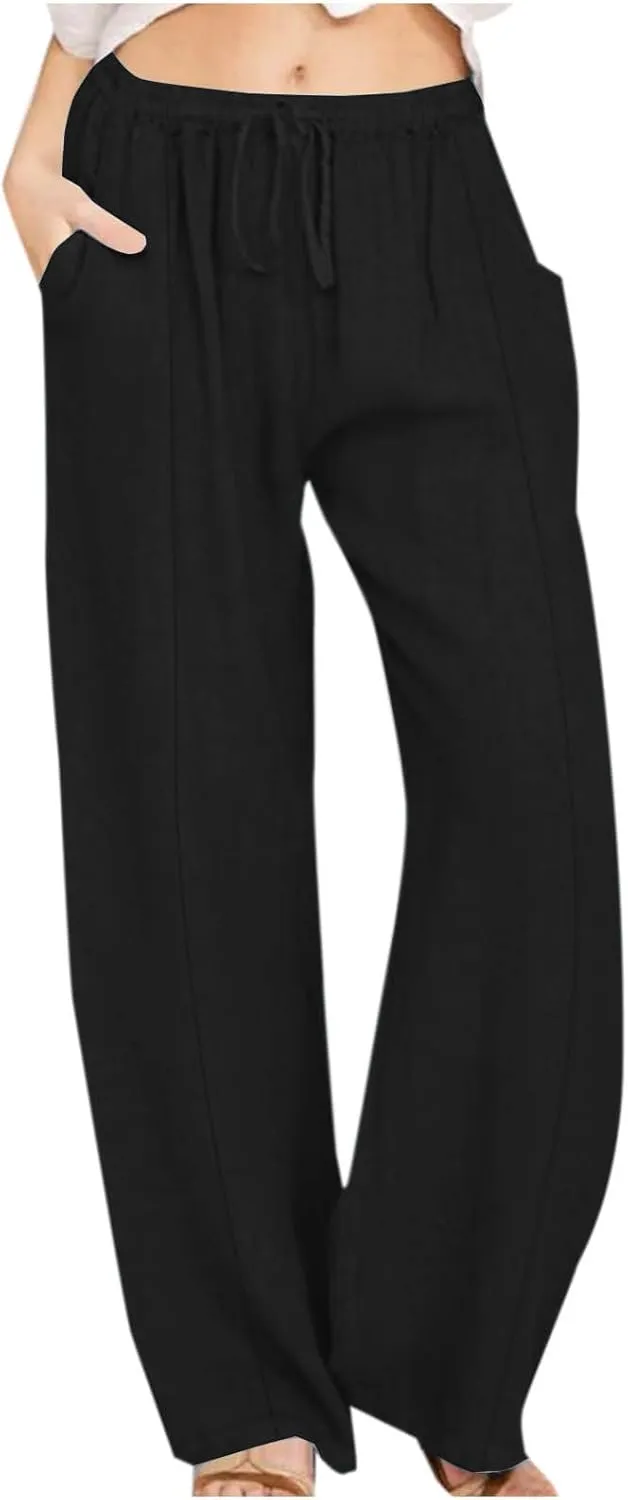 Linen Pants for Women Casual Straight Leg Pants Drawstring Trousers Pants Comfy Lounge Pants Solid Loose Work Pants