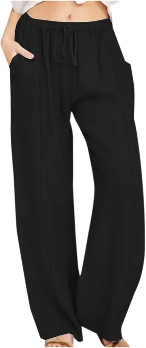 Linen Pants for Women Casual Straight Leg Pants Drawstring Trousers Pants Comfy Lounge Pants Solid Loose Work Pants