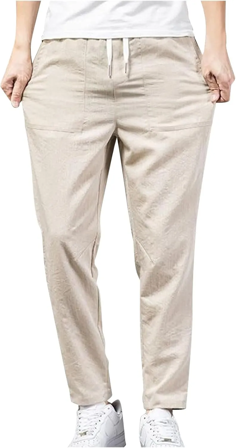 Linen Pants Mens Casual Pants Summer Beach Pants Drawstring Yoga Pants Soft Elastic Waist Pants