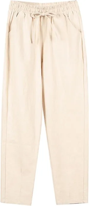 Linen Pants Women Elastic Waist Summer Pants Casual Jogger Pants Loose Fit Beach Pants Lightweight Breathable Pants