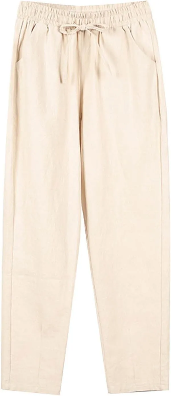 Linen Pants Women Elastic Waist Summer Pants Casual Jogger Pants Loose Fit Beach Pants Lightweight Breathable Pants