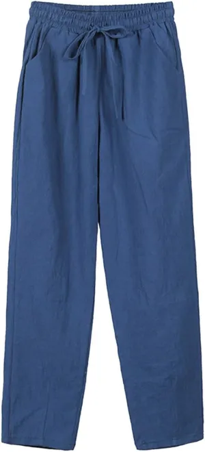 Linen Pants Women Elastic Waist Summer Pants Casual Jogger Pants Loose Fit Beach Pants Lightweight Breathable Pants