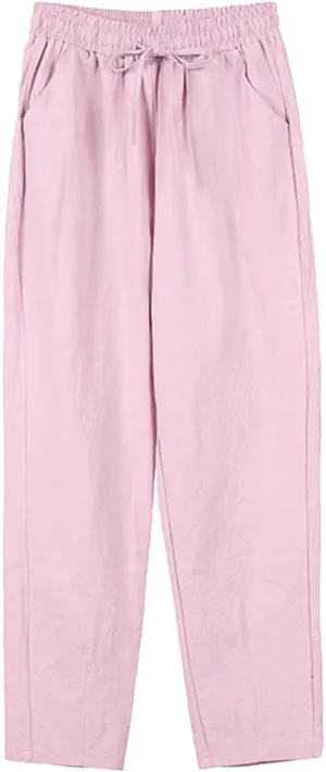 Linen Pants Women Elastic Waist Summer Pants Casual Jogger Pants Loose Fit Beach Pants Lightweight Breathable Pants