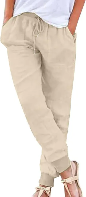 Linen Pants Women Jogger Pants Elastic Waist Drawstring Pants Tapered Leg Pants Lightweight Pants Trousers with Pockets