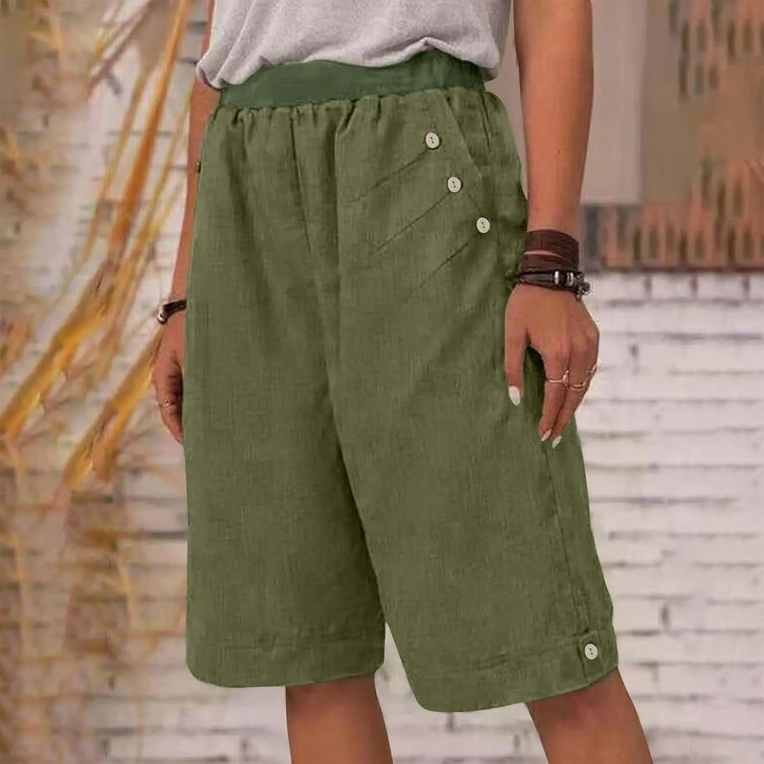 Linen Shorts for Women Summer High Waisted Bermuda Shorts Casual Loose Comfy Lounge Shorts with Pockets