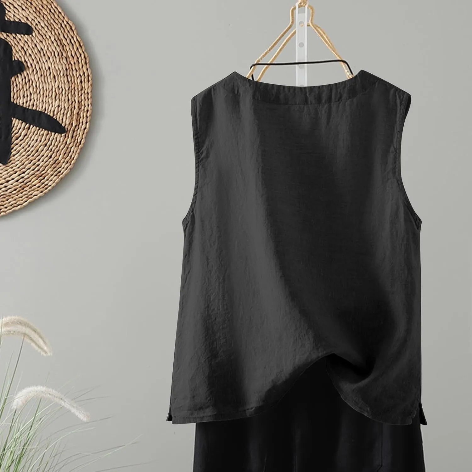 Linen Tank Women Loose Sleeveless V Neck Vacation Solid Color Tunic Tanks Casual Summer Cotton Side Slits Camisole
