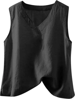 Linen Tank Women Loose Sleeveless V Neck Vacation Solid Color Tunic Tanks Casual Summer Cotton Side Slits Camisole