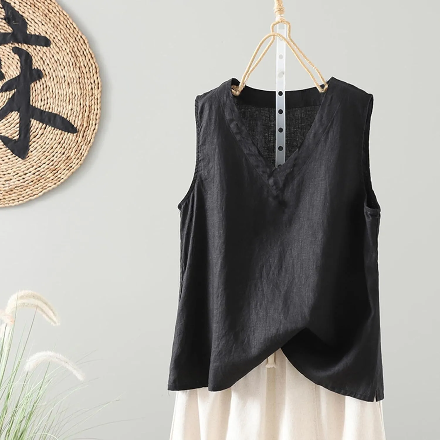 Linen Tank Women Loose Sleeveless V Neck Vacation Solid Color Tunic Tanks Casual Summer Cotton Side Slits Camisole