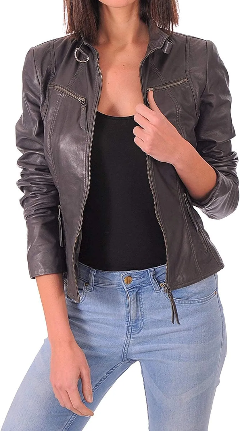 LL LEATHER LOVERS Women's Lambskin Leather Bomber Biker Jacket