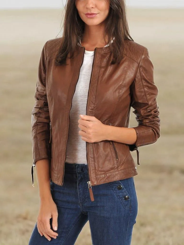 LL LEATHER LOVERS Women's Lambskin Leather Bomber Biker Jacket